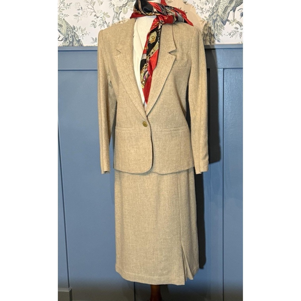 Step By Step 100% Wool Skirt Suit Set Women's‎ 8 Beige Herringbone Vintage USA